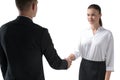 Handshake of businessman and businesswoman in formal clothes. Business people and corporate culture concept, deal transaction. Royalty Free Stock Photo
