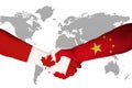 Handshake between China and Canada, nation flag on hand