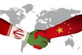 Handshake between China and Iran, nation flag on hand