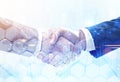 Handshake in city, hexagons and graph Royalty Free Stock Photo