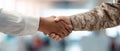 The handshake between a civilian and a military member symbolizing unity and collaboration. AI generated image Royalty Free Stock Photo