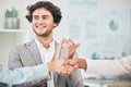 Handshake, clapping hands and celebrating successful a deal or a business agreement in an office. Happy, smiling and Royalty Free Stock Photo