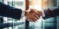 A handshake between a client and an insurance agent, contrasted against a professional, trust-building backdrop, concept