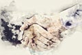 Handshake close up on watercolor illustration painting background.