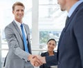 Handshake, collaboration and business people in office for deal, agreement or partnership. Smile, meeting and Royalty Free Stock Photo