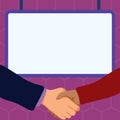Handshake on bright colored background. Speech bubble with important information. White text holder behind object Royalty Free Stock Photo