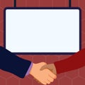 Handshake on bright colored background. Speech bubble with important information. White text holder behind object Royalty Free Stock Photo