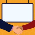 Handshake on bright colored background. Speech bubble with important information. White text holder behind object Royalty Free Stock Photo