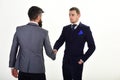 Handshake concept. Businessmen, business partners meeting, white background. Business partners on serious faces