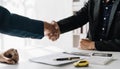 Handshake of cooperation customer and salesman after agreement, successful car loan contract buying or selling new Royalty Free Stock Photo