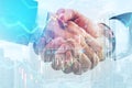 Handshake on creative city background with forex chart. Businessmen and women working together. Success, trade, market and Royalty Free Stock Photo