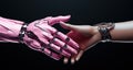 handshake of cyborg robot and human, robotic arm shaking hand of man friendship of humanity and technology