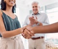 Handshake, deal and business partnership agreement with applause at startup office. Shaking hands, thank you and Royalty Free Stock Photo