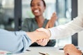 Handshake, deal and business partnership agreement with applause at startup office. Shaking hands, thank you and Royalty Free Stock Photo