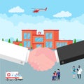 Handshake between doctor and patient behind hospital building, doctor, nurse, patients, helicopter and ambulance car in flat styl