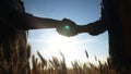 handshake farmer wheat. business partnership agriculture concept. silhouette two farmers shaking hands conclude a