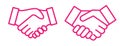 Handshake and fist bump outline icon with agreement or partnership line pictogram.