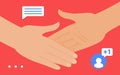 Handshake gesture, social media network, friend, follower or partner hands handshaking
