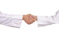 Handshake by hands with shirts Royalty Free Stock Photo