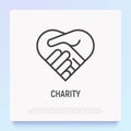 Handshake in heart thin line icon. Symbol of charity, togetherness, agreement and collaboration. Modern vector illustration Royalty Free Stock Photo