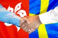 Handshake on Hong Kong and Sweden flag background Royalty Free Stock Photo