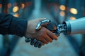 Handshake between human and robot, Futuristic business cooperate concept, Generative AI