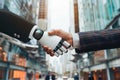 Handshake between human and robot, Futuristic business cooperate concept, Generative AI