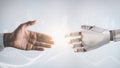 handshake between human and robot hand. AI icons artificial intelligence concept, big data, science, innovation technology, cloud Royalty Free Stock Photo