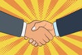 Handshake illustration in pop art style. Businessmans shake hands. Partnership and teamwork concept.