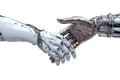 Handshake of a man with an android, robotic artificial intelligence of a cyborg. AI generated.