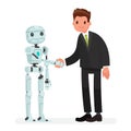 Handshake of man and robot. The concept of partnership between humanity and robotic technology and artificial intelligence Royalty Free Stock Photo