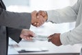 Handshake, money and crime with a business man taking a bribe in the office for a deal or agreement. Finance, payment Royalty Free Stock Photo