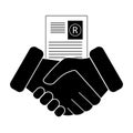 Handshake, paper document with trademark `R` icon. Concept partnership, trust and collaboration. Vector illustration.