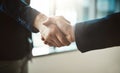 Handshake, partnership and b2b with business men in the office for agreement, deal or company merger. Meeting, interview Royalty Free Stock Photo