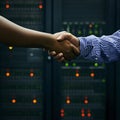 Handshake, partnership or people in server room of data center worker for network help with IT support. B2b deal