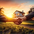 Handshake between a realtor and homebuyer in front of a new home - AI Generated