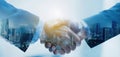 The handshake representing business collaboration against an urban city backdrop. AI generated image Royalty Free Stock Photo