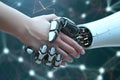 A handshake between a robot hand and a human hand, Technologies AI concept. Generative AI Royalty Free Stock Photo