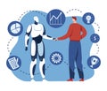 Handshake with robot, human and ai technology work together, vector illustration. Human hold future cyborg machine hand.