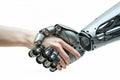 Handshake between robot and human. Robot hand, female hand. Friendship with artificial intelligence Royalty Free Stock Photo