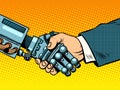 Handshake of robot and man. New technologies evolution