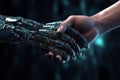 Handshake of robotic hand and a human hand. Artificial intelligence concept. Generative AI