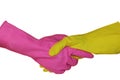 A handshake is in sanitary gloves