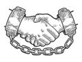 Handshake in shackles sketch engraving vector