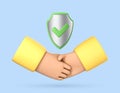 Handshake and shield with check mark isolated on blue background. Safe deal concept. International agreement. Vector 3d Royalty Free Stock Photo