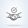 Handshake Shield Check Mark sign line icon or logo. Commitment thin concept. Trust Commitment Business vector linear illustration