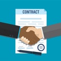 Handshake after signing contract. Successful deal, agreement. Cartoon multi-ethnic businessmen hands. Pen and paper document on