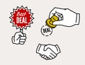 Handshake, starburst best deal sign, deal stamp hand icon