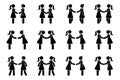 Handshake stick figure woman side view poses postures vector icon set. Stickman business partners meeting deal agreement pictogram