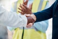Handshake, success deal or partnership for construction worker, building engineer or architect finance, sales or Royalty Free Stock Photo